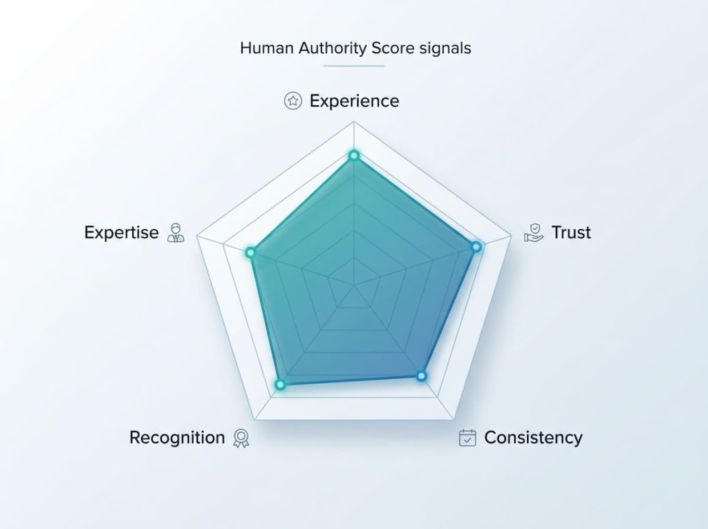 Pentagon radar chart showing the five Human Authority Score signals used by AI systems to assess trust.
